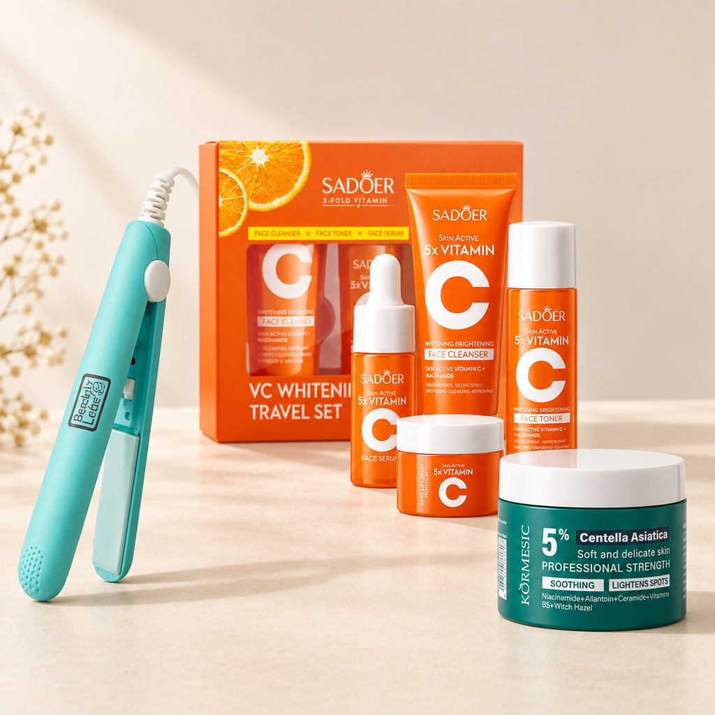 Pack regalo de belleza PULCRA: mini plancha, set Vitamina C y parches de ojos