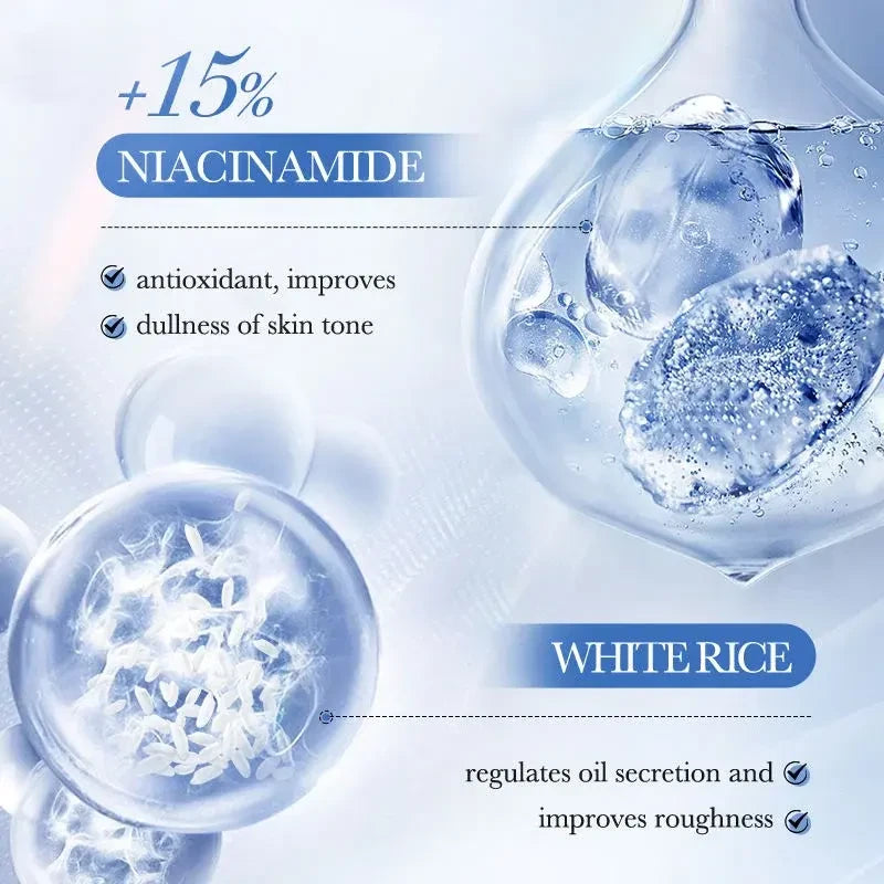 Ingredientes de la crema: 15 % de niacinamida y extracto de arroz blanco