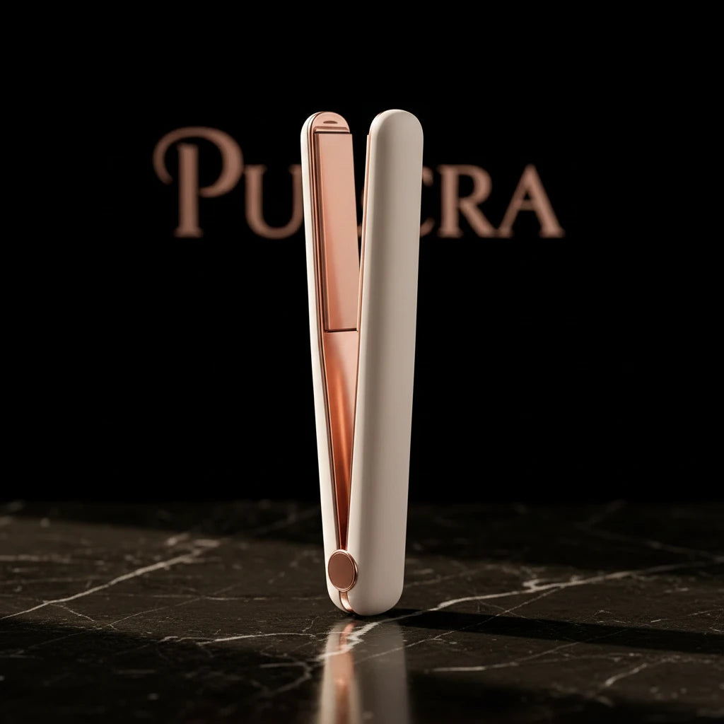 Mini plancha de pelo Pulcra 2 en 1 en blanco y oro rosa sobre mármol negro